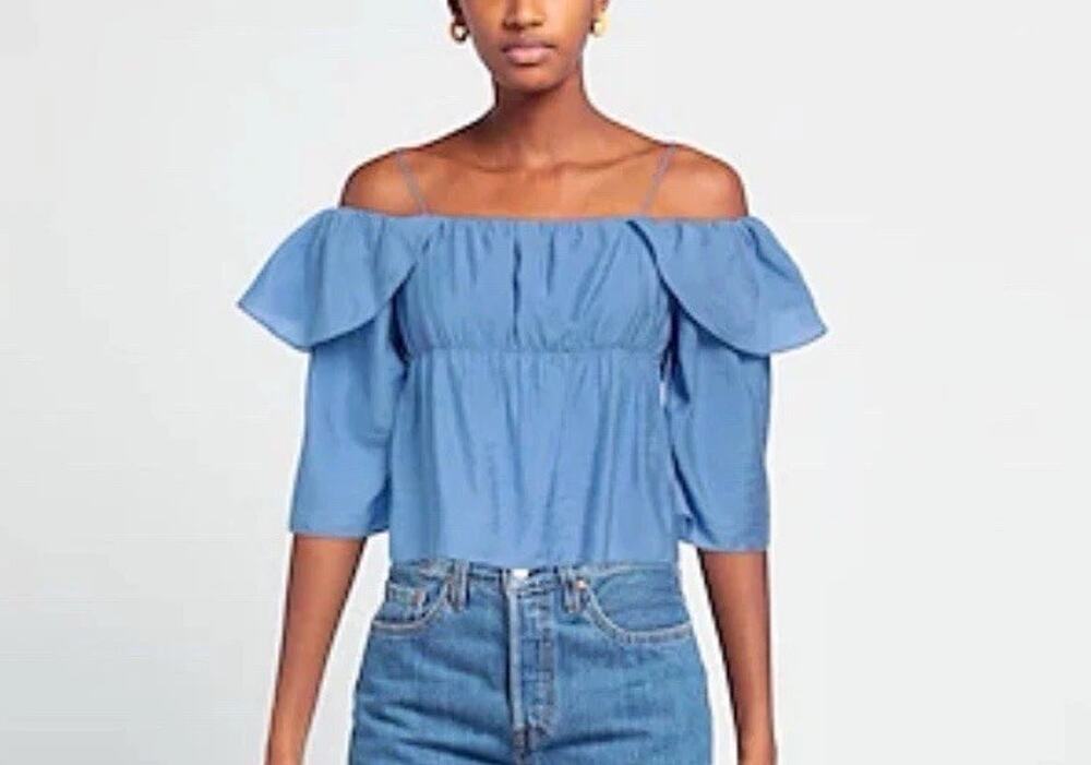 New Vince Ruched Crop Top Scoop Neckline Off Shoulders 3/4 Sleeves Blue Size L